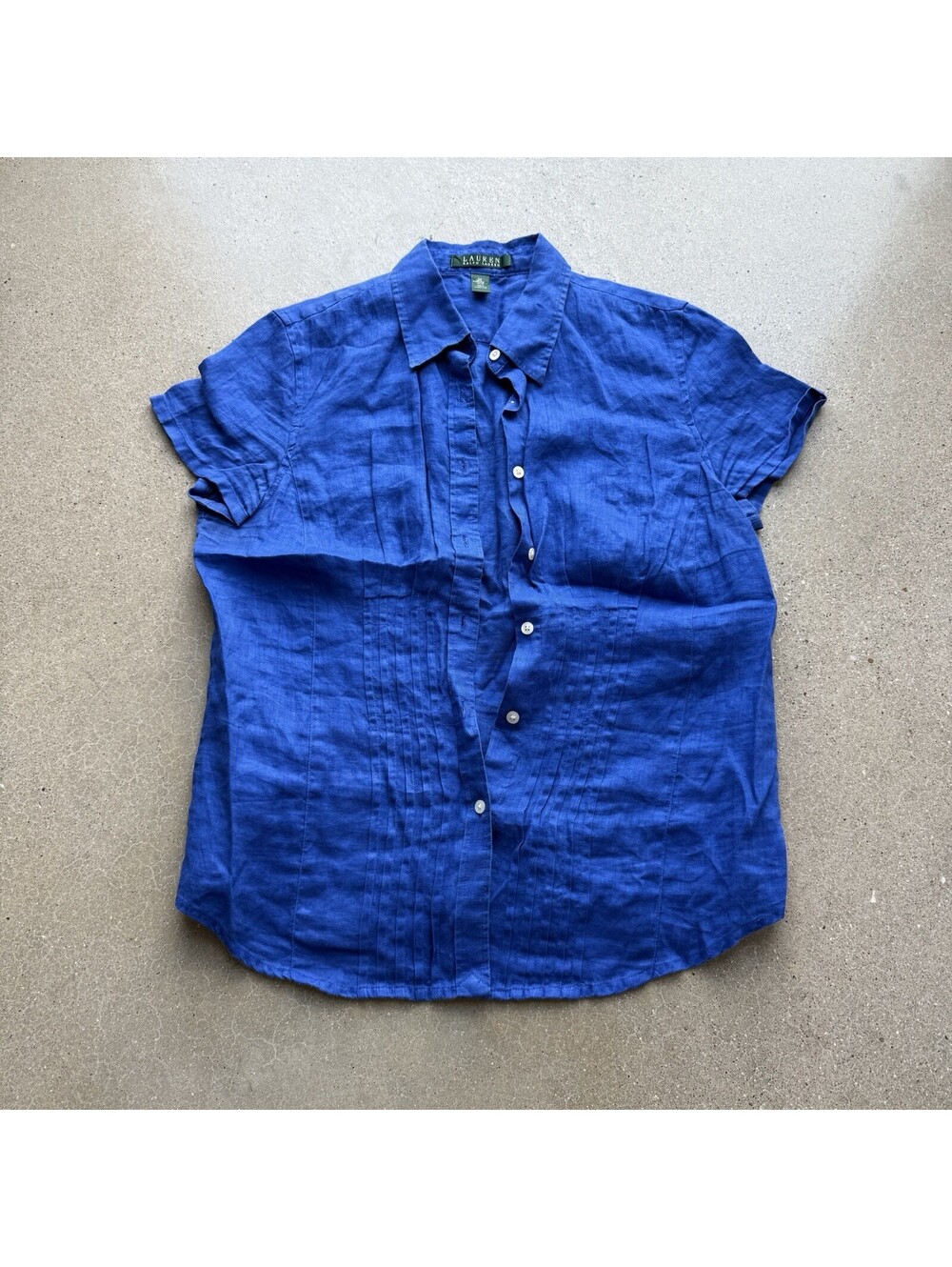 Lauren Ralph Lauren Women M Blue 100% Linen Short Sleeve Button Shirt